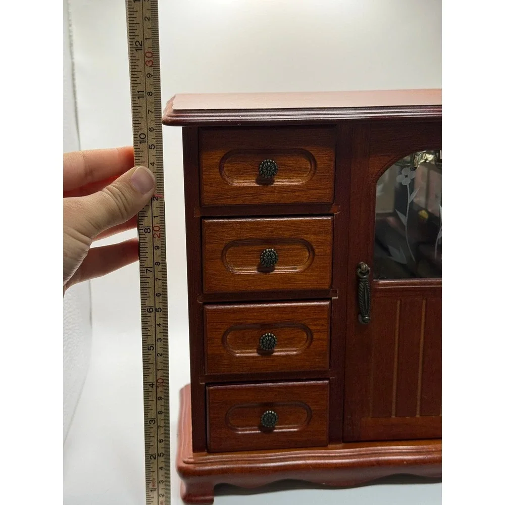 Vintage Wooden Jewelry Armoire Tabletop Chest 4 Drawers Etched Glass Carousel - Picture 14 of 16